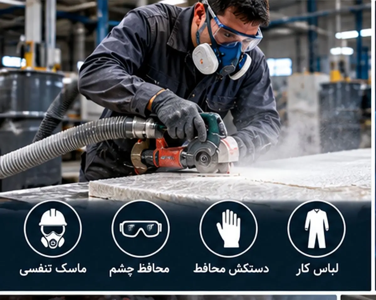 برش ایمن پروفیل کامپوزیتی با ماسک تنفسی، عینک ایمنی و سیستم مکش گرد و غبار