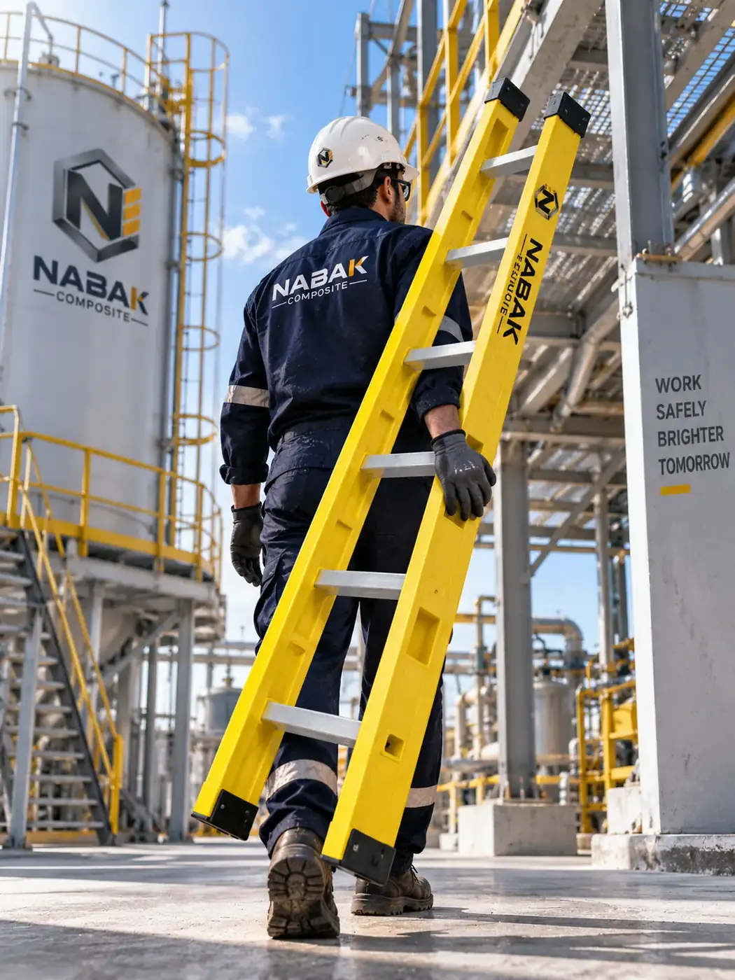 کارگر ناباک کامپوزیت نردبان زرد رنگ FRP سبک وزن را به‌تنهایی و بدون جرثقیل روی دوش حمل می‌کند در تاسیسات صنعتی